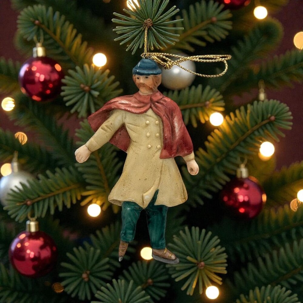 Russ Berrie Village Square Porcelain Man Ice Skater Christmas Ornament #2869